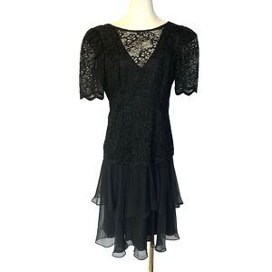 Vintage A La Carte California Black Lace Chiffon Tiered Evening Dress Goth 80s